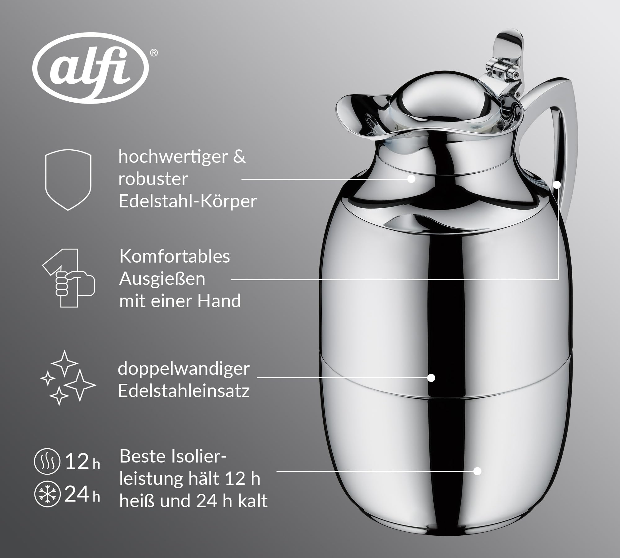 alfi JUWEL TT 1,0l, silber chrome plated, elegante Isolierkanne mit doppelwandigem Edelstahleinsatz, 12h heiß & 24h kalt, ideal als Kaffeekanne, Teekanne
