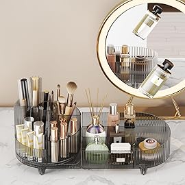 Rotating makeup organizer,Large Capacity Cosmetic Display Case, easy to hold all of your makeup products, at least 20 makeup brushes/eyeliner,10 lipsticks,8 skincare products(Crystal Black)