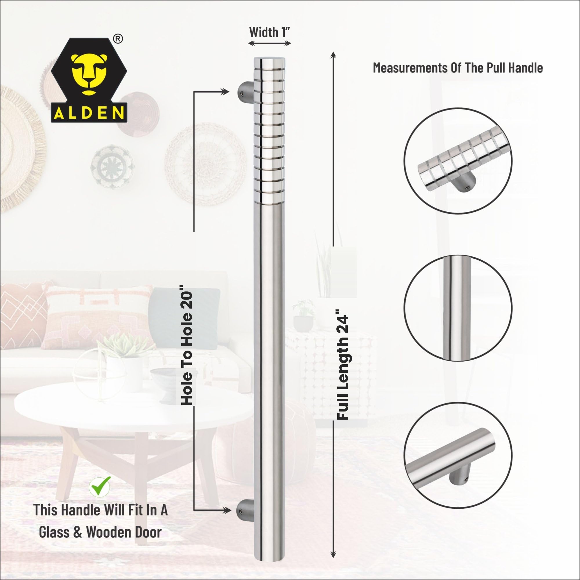 ALDEN 24 inch Main Door Handle/Handle for Glass and Wooden Door/Pull and Push Stainless Steel Door Handle (Nickel Silver) (Pack of 1) — Amazon image 3