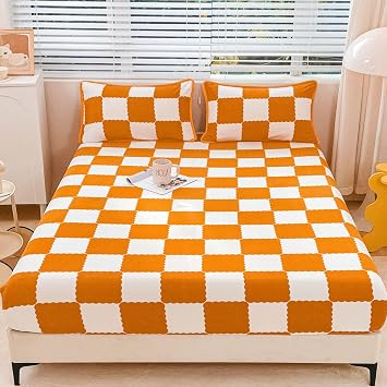ZIQINPSQ Thickened Milk Velvet Fitted Sheet Queen Size - Super Soft & Warm Flannel Checkered Bed Sheet with 15" Deep Pocket Fits 15" Mattress - Orange