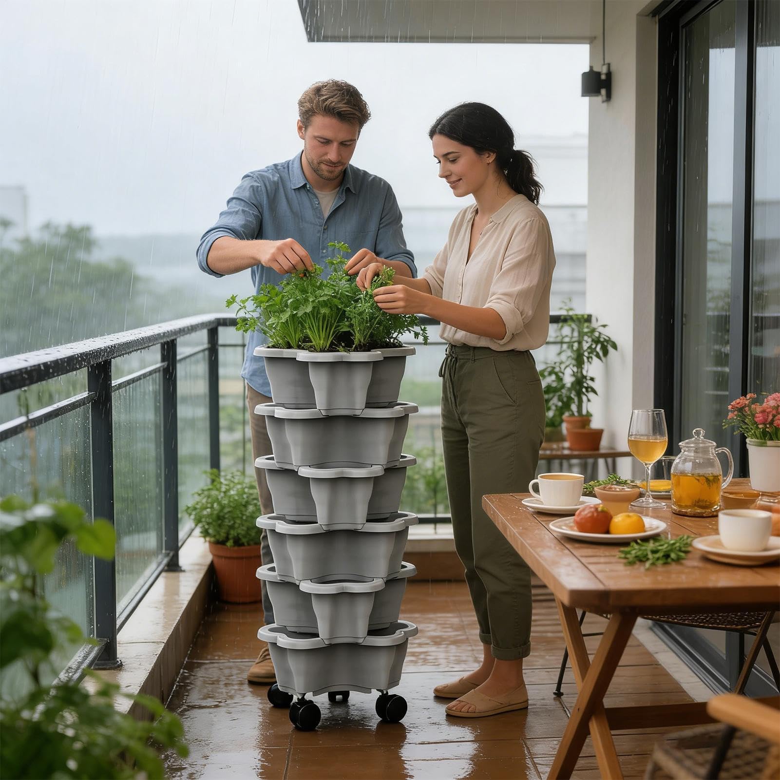 Generico Fioriera per fragole rotolante con ruota, fioriera verticale da giardino a 6 livelli, vaso da fiori per interni ed esterni, balcone, cortile, patio, portico