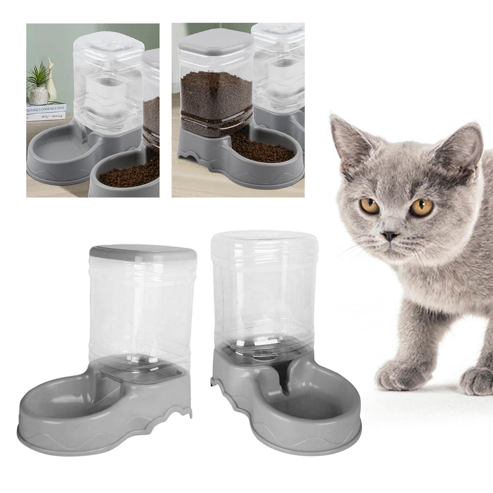 Baoblaze 3.5L Automatischer Futterspender + Wasserspender für Tiere Katzen Hunde, 2pcs Grau