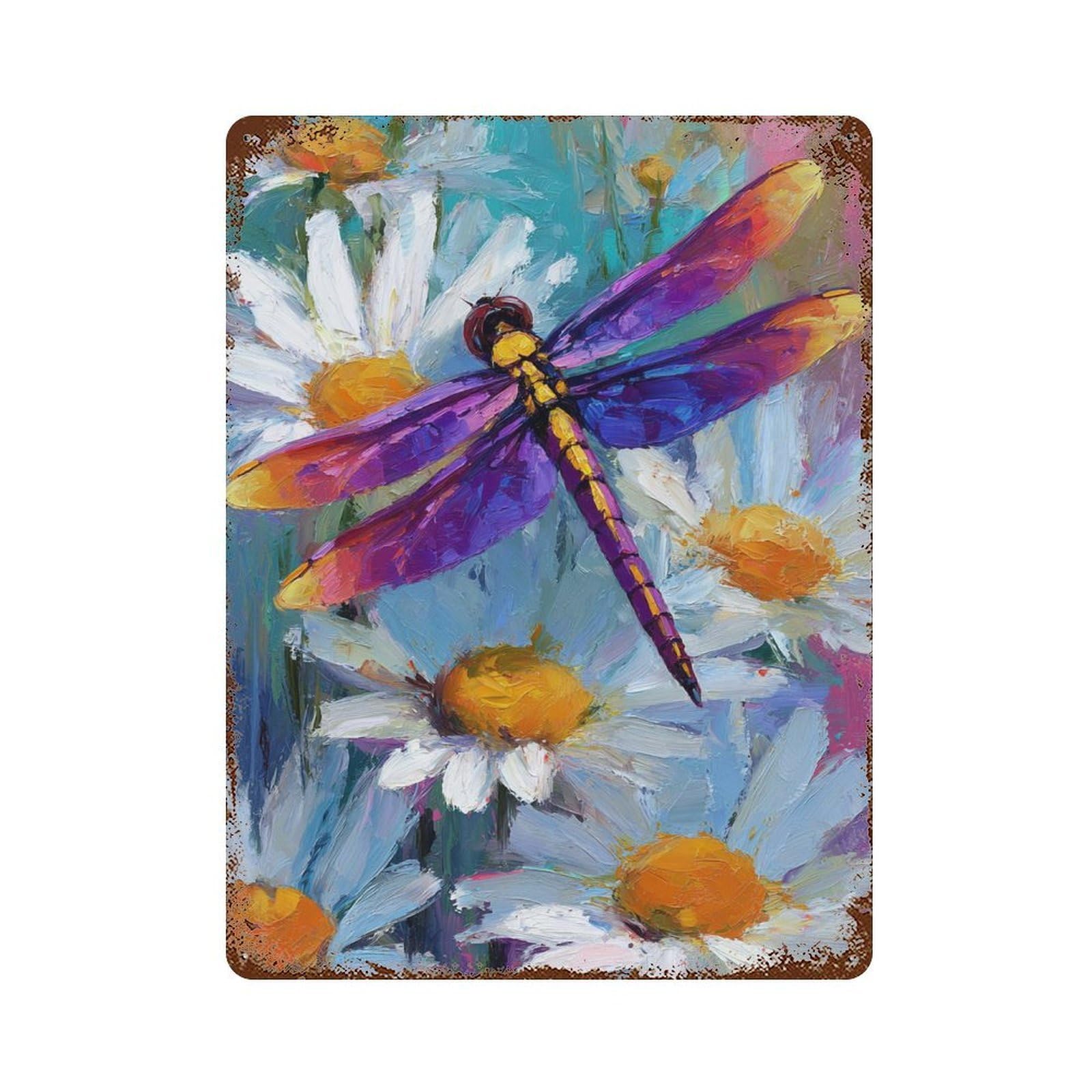 Rust Effect Colorful Dragonfly Painting-1 Rusty Metal Tin Sign 15.7"x11.8", Industrial Home Decor for Living Room, Hallway And Home Decor