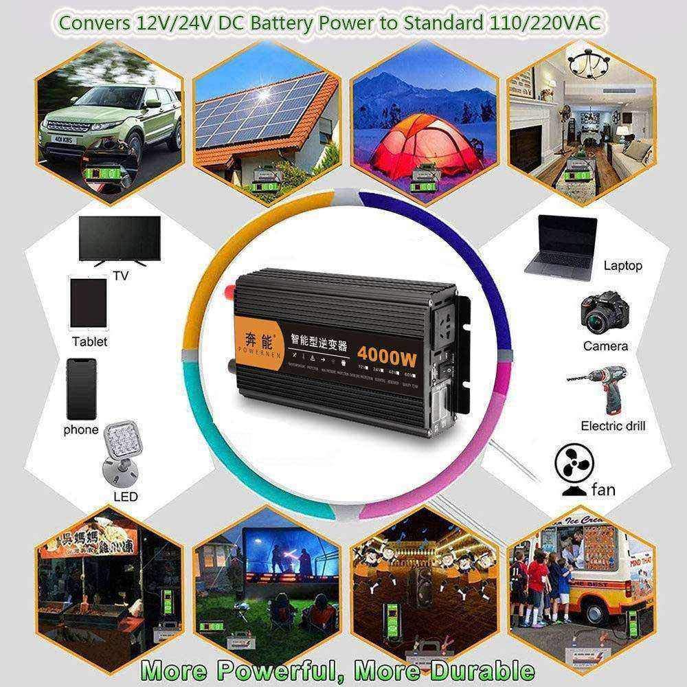 Przetwornica napięcia samochodowego DC 12 V 24 V na AC 230 V Falownik 4000 W Przetwornik napięcia czystej fali sinusoidalnej z gniazdem AC i złączami USB Cyfrowy wyświetlacz LED, 24 V (12 V)