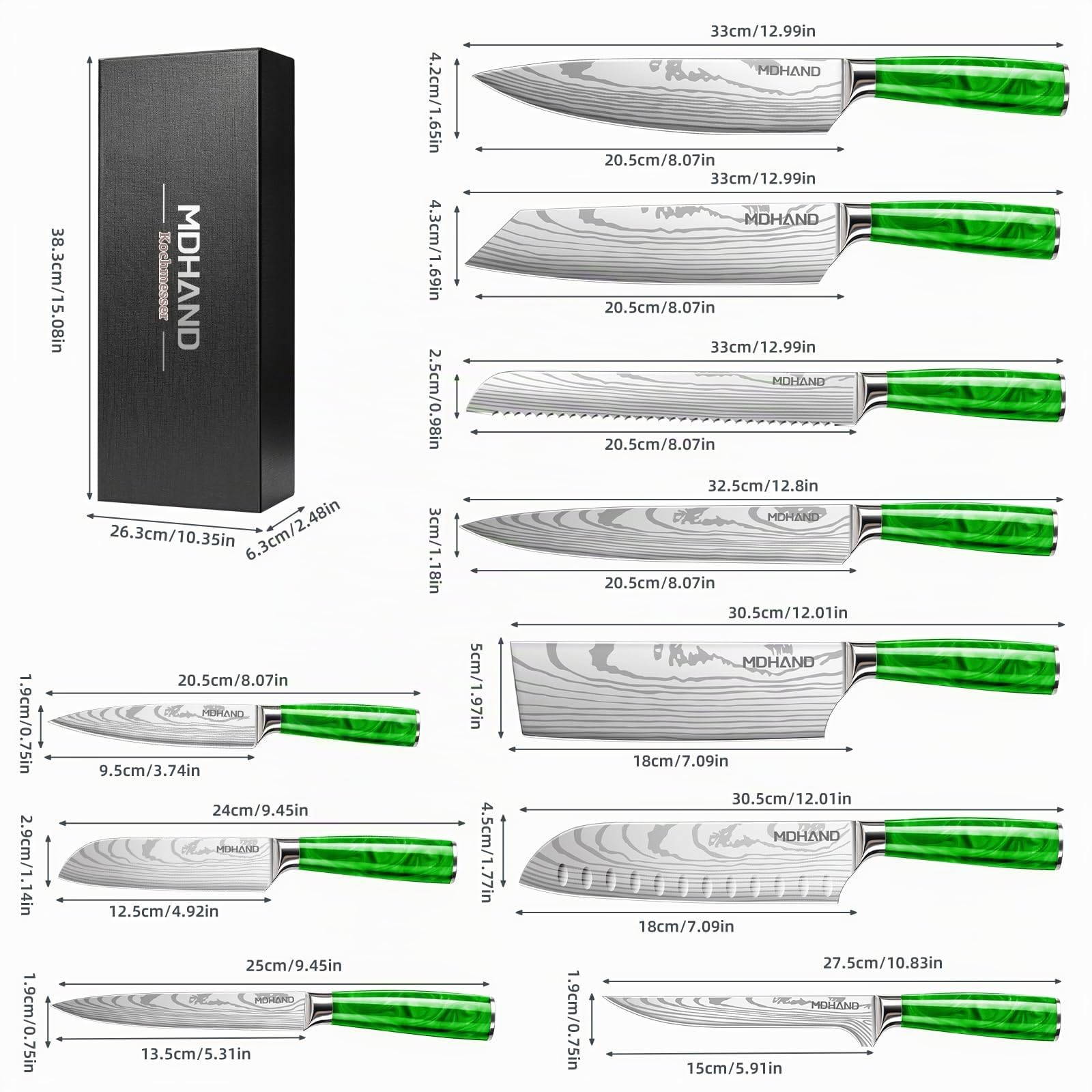 MDHAND Küchenmesser Set, 10-teiliges Set aus Rostfreiem Stahl Mit Ergonomischem Griff, Perfektes Geschenkset für Profiköche und Anfänger