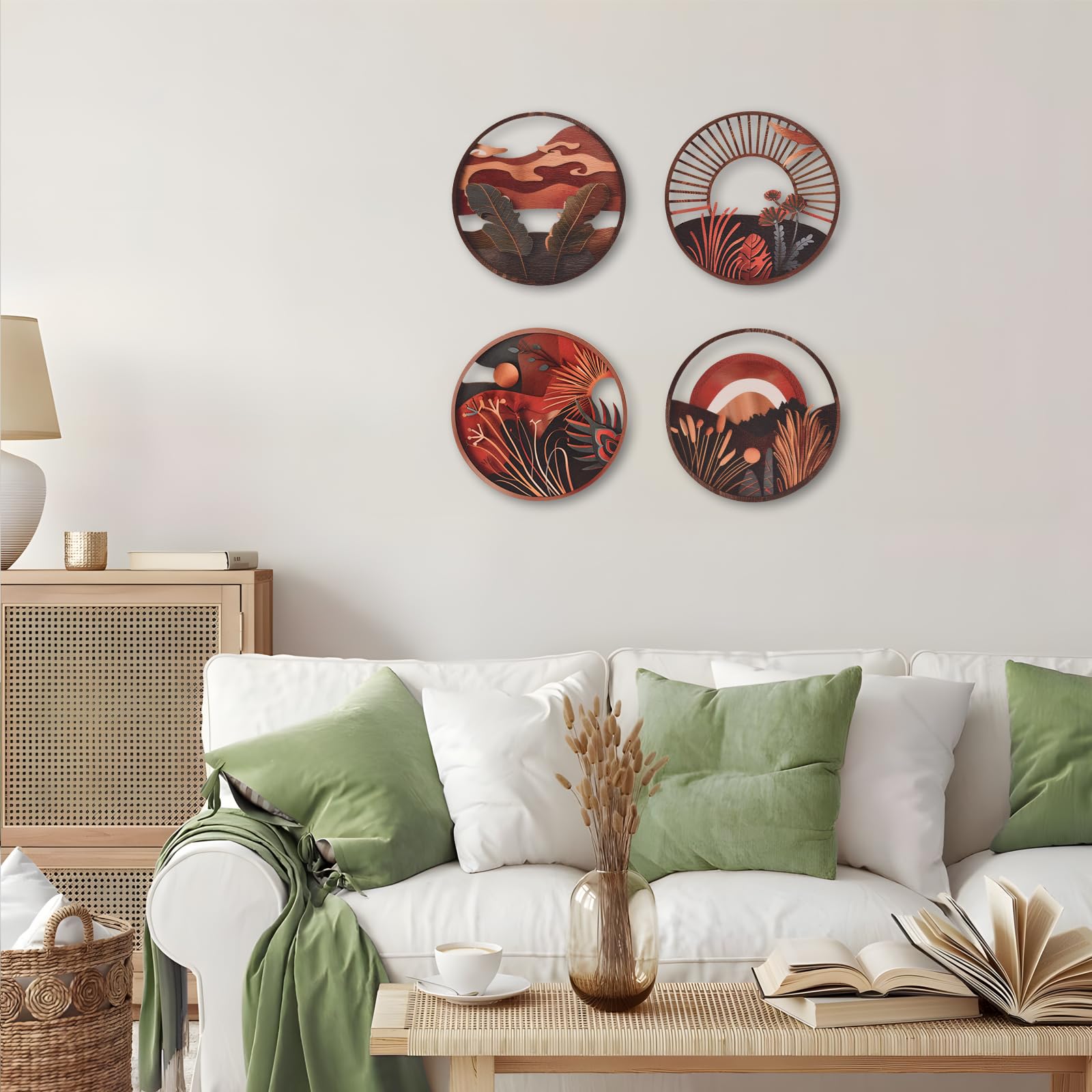 Qaixwuyi Juego de 4 piezas de decoración de pared estilo boho, arte geométrico de madera, decoración rústica redonda moderna con reverso autoadhesivo para sala de estar y dormitorio
