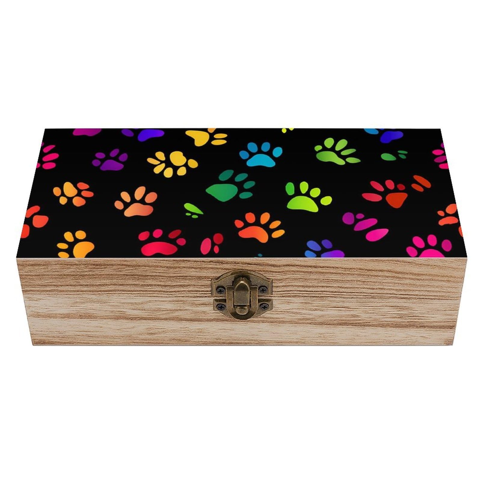 Dog Paw Print Wooden Box with Hinged Lid Decorative Storage Case Container