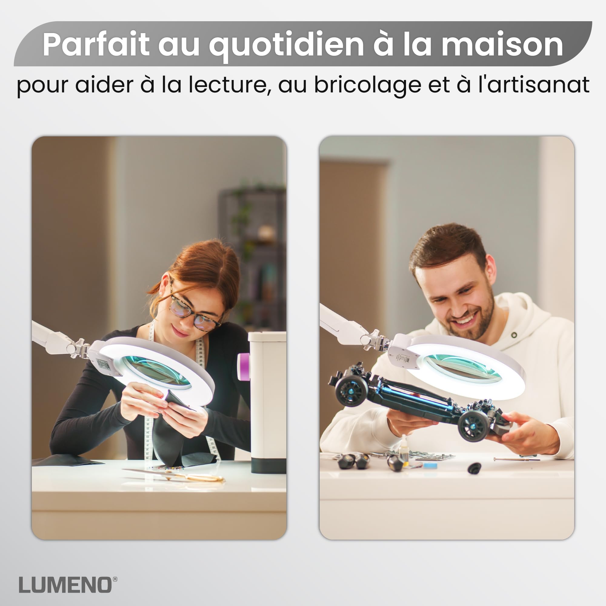 Lumeno 8243PRO Lampe loupe LED avec grande lentille en verre 177 mm, dimmable avec interrupteur à segments et boîtier métallique robuste, pour les travaux manuels, le cabinet de pédicure, 3 dioptries