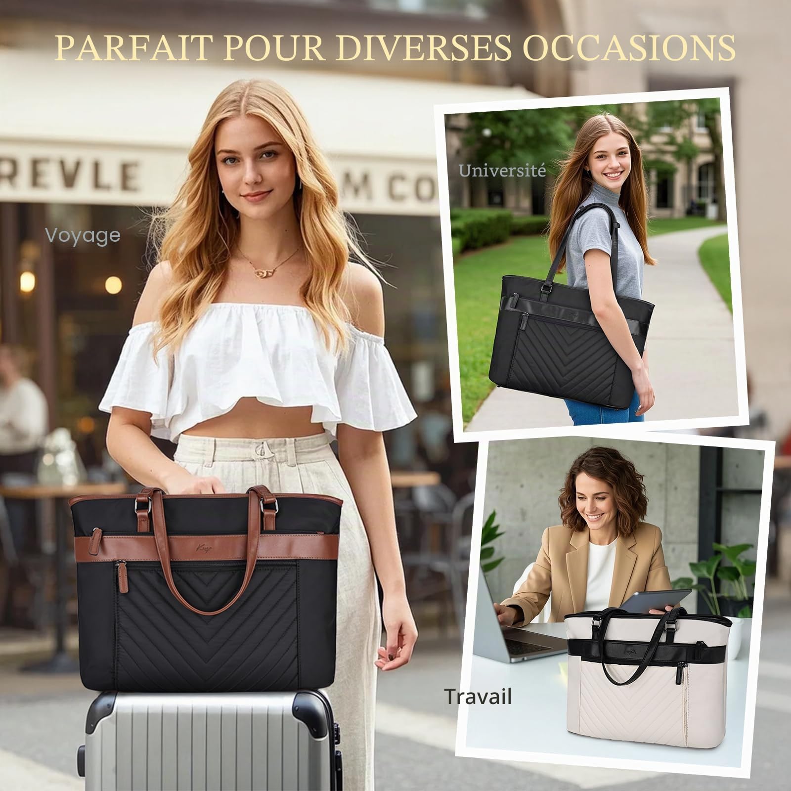 Cabas Femme, Grand 21L Sac Ordinateur Femme 15,6 Pouces Sac a Main Fourre Tout Résistant à l'Eau Élégant Poches Multiples pour Travail Affaires Cours Lycée Voyage