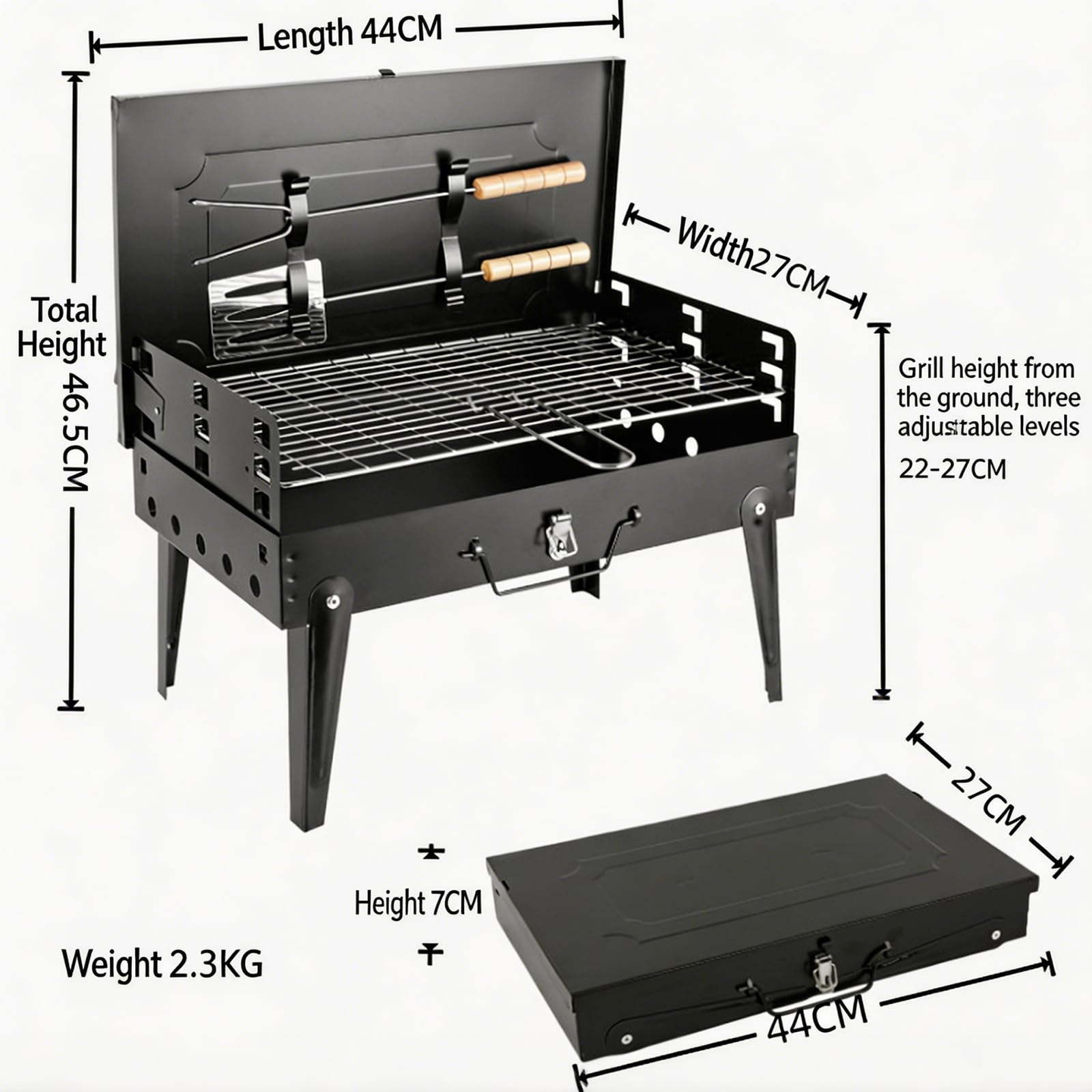 Holzkohlegrill BBQ Grill mit Deckel und Schornstein, Tragbarer Outdoor Campinggrill Smoker mit Doppelter Luftzufuhr, 2 Kohleschalen und Holzgriff für Garten, Terrasse und Picknick