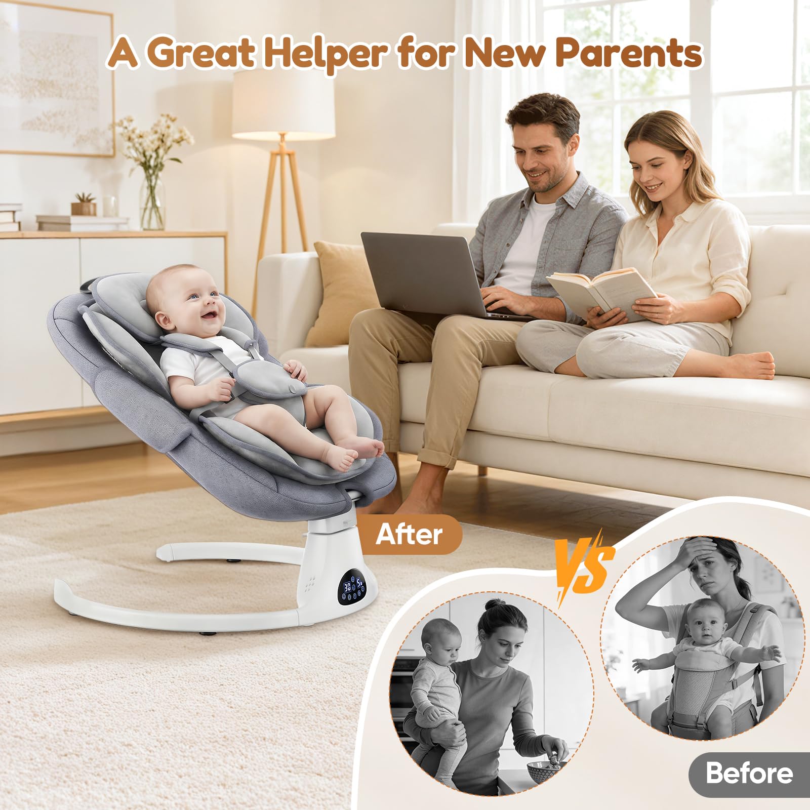 Transat Bebe Electrique, Balancelle bebe electrique avec harnais à 5 points, 5 modes du balancement, minuterie à 3 niveaux, télécommande et musique, utilisable en intérieur et en extérieur (Gris)