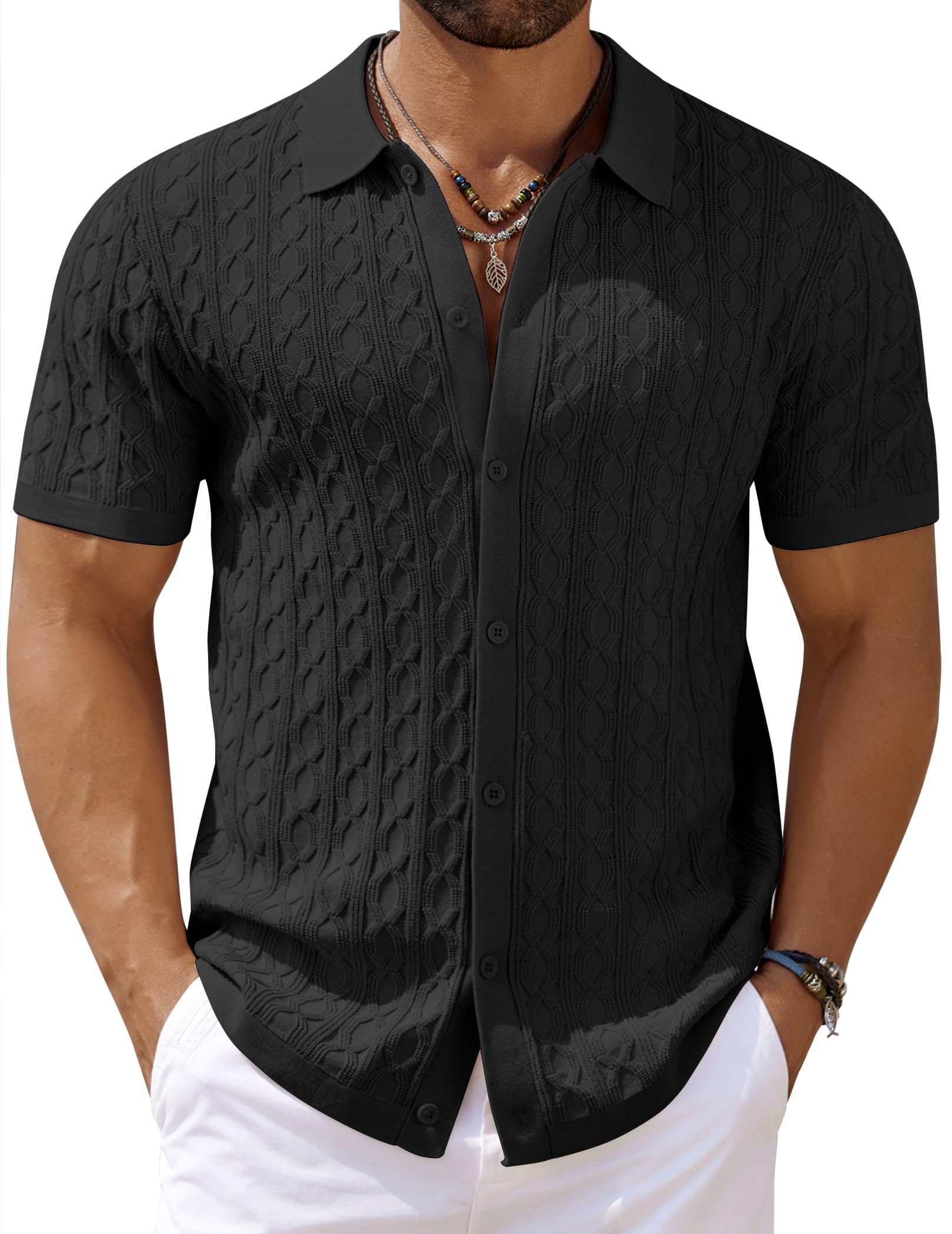 COOFANDY Men's Knit Short Sleeve Shirts Button Down Vintage Knitted Polo Shirt Casual Beach Crochet Cable Vacation Shirt