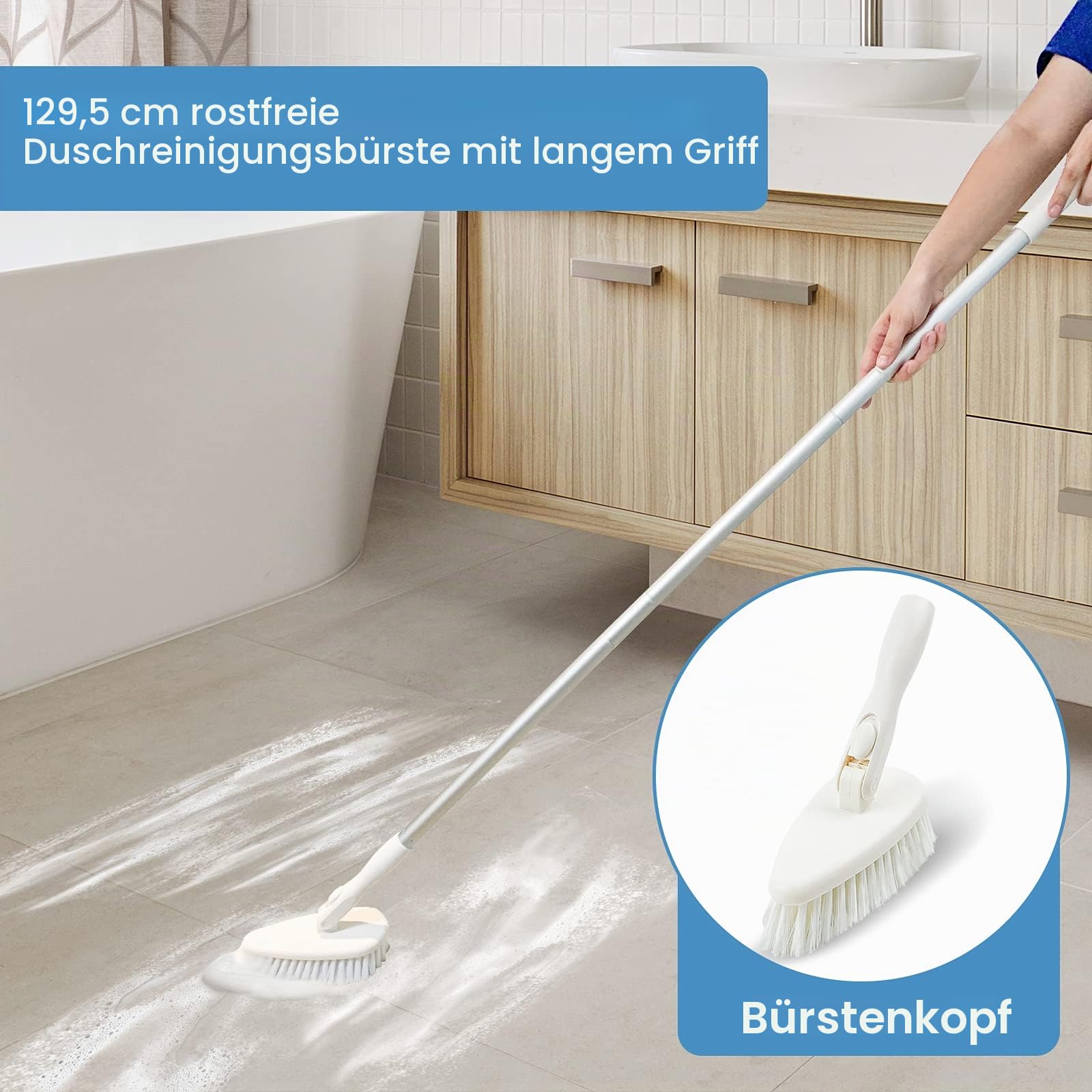 Qaestfy Reinigungsbürste Bad Dusche Schrubber mit Stiel Fliesenreiniger Borstenbürste Badreiniger mit 130cm Stiel für Duschwand Badewanne Badezimmer Toilette Wand Boden