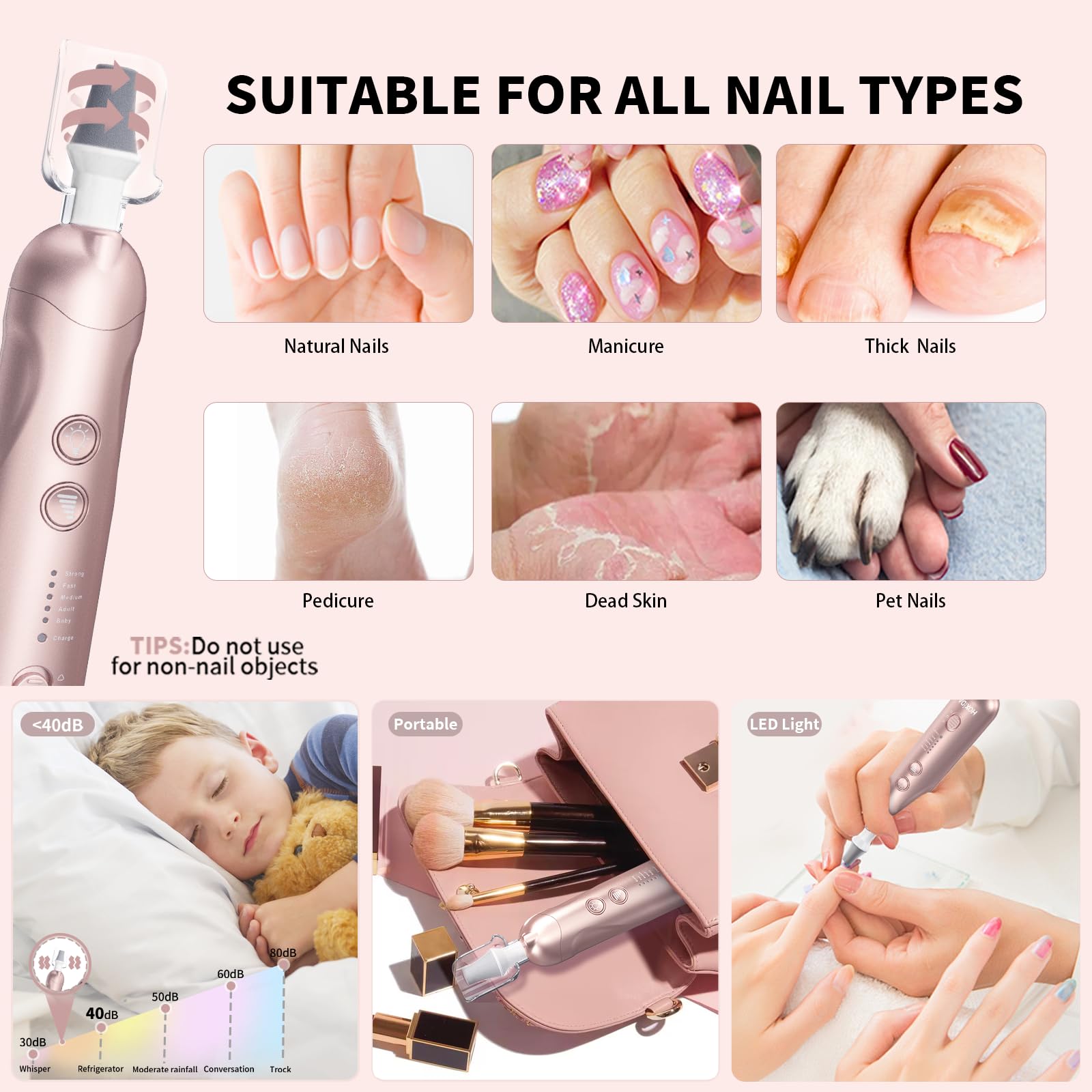 Kit de manicura y pedicura profesional con estuche, juego de limas eléctricas inalámbricas, herramientas de pedicura recargables para pies, 5 velocidades, cuidado de manos y pies, taladro de uñas para