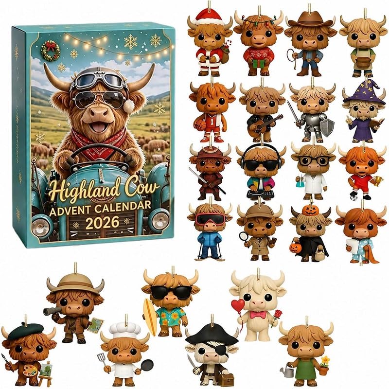 Highland Cow Advent Calendar 2026, 24 3D Cute Mini Cattle Figurines (#D)