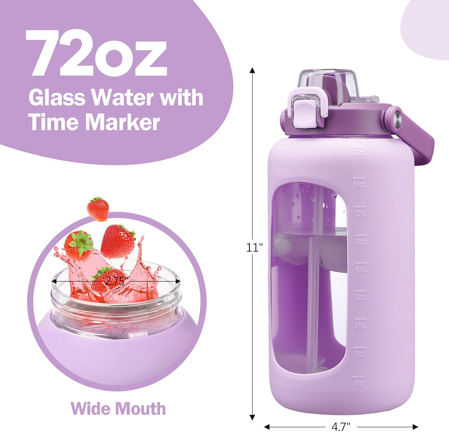 72oz Glass Water Bolttles, 3-in-1 Straw and Sip Spout Handle Lid, Half Gallon Water Bottle with Time Marker and Silicone Sleeve, BPA-Free Sports Water Bottle for Gym, School, Lilac