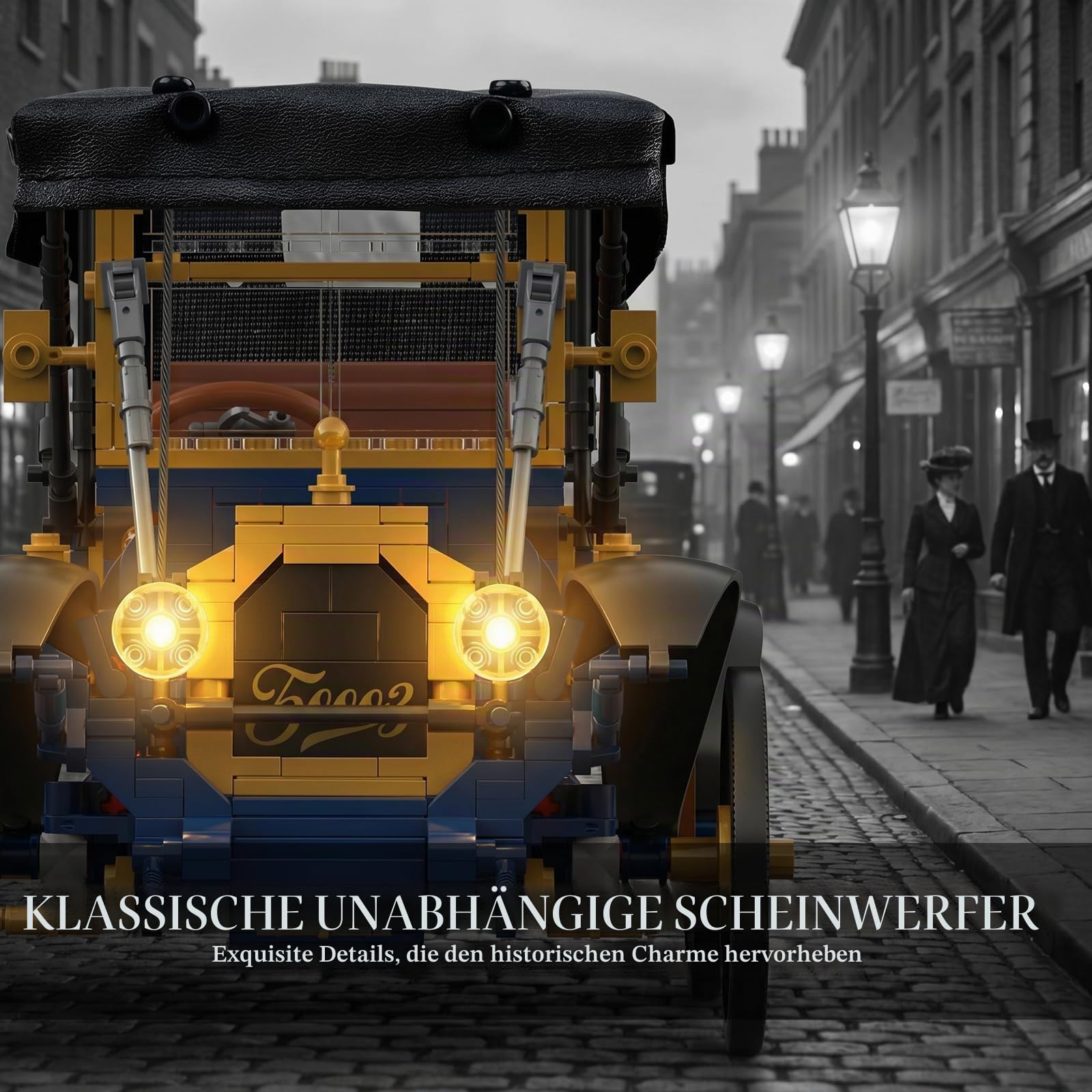 JMBricklayer Vintage Auto Klemmbausteine Erwachsene mit Licht, 50003 Retro Modellbau mit Leder-Faltverdeck, Oldtimer Car Sammler Ausstellungsset, Bausteine Geschenke für Fans Antik Fahrzeuge 14+