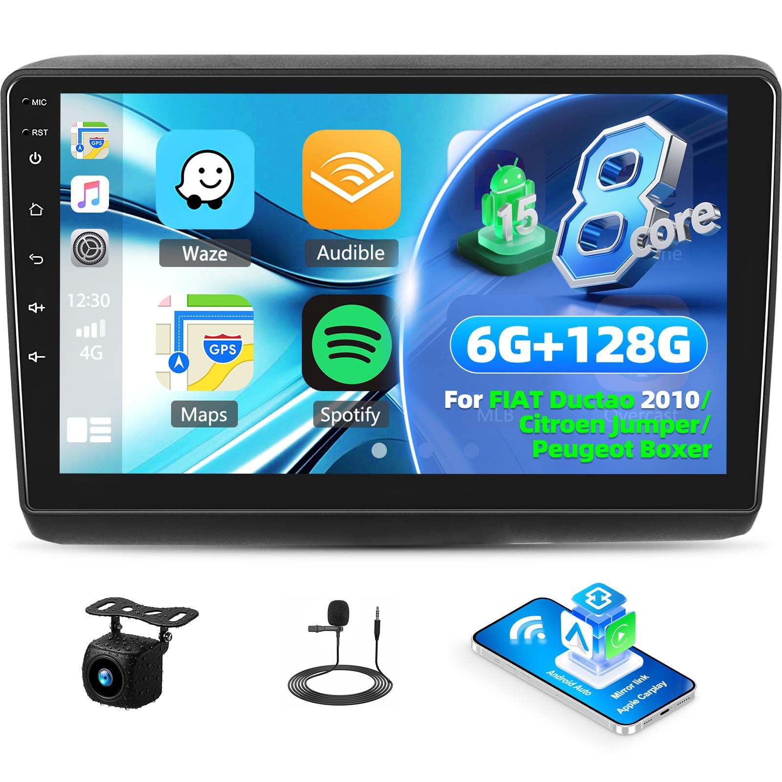 6+128G 8Core Autoradio Android 15 per FIAT Ducato 2010/Citroën Jumper/Peugeot Boxer, Schermo Tactile 9" Radio con Wireless Carplay Android Auto MirrorLink WiFi BT GPS FM RDS EQ DSP+Retrocamera Auto