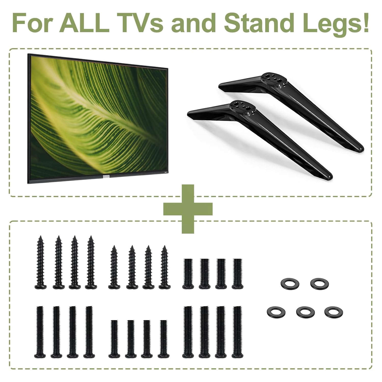 Image showing a television and two TV stand legs, with an array of screws and washers below, indicating the components needed for assembly.