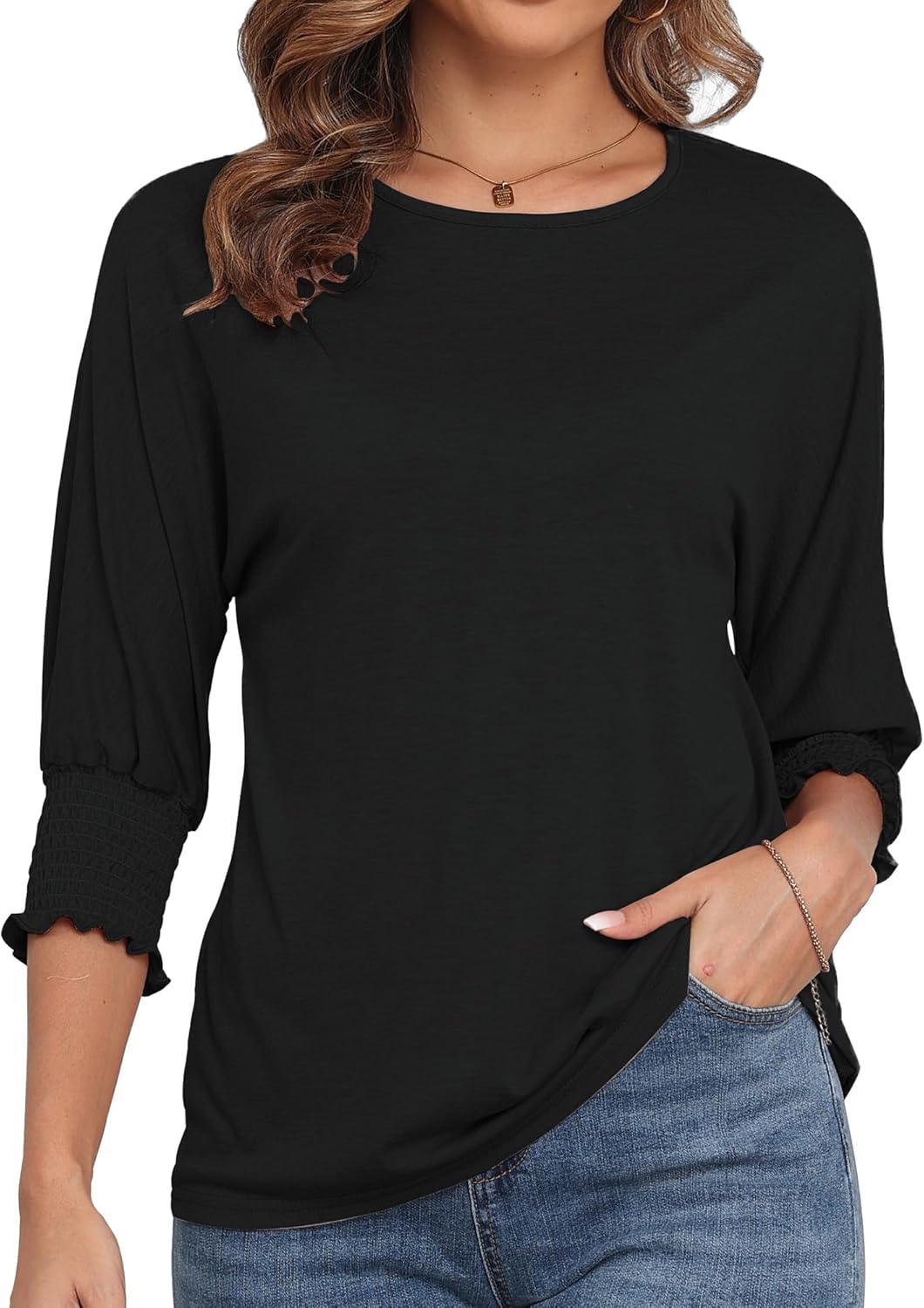 LOUSGUTA 3/4 Sleeve Womens Tops T-Shirts Cute Crewneck Basic Business Tees Blouses 2024 Fashion