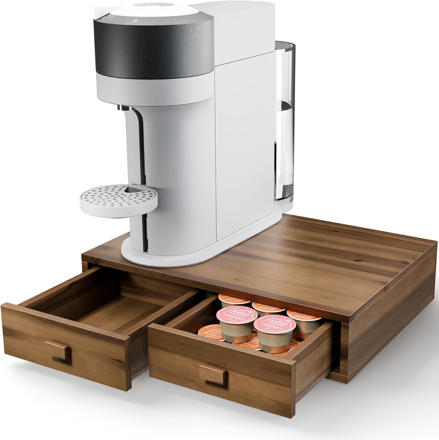 Tinamo Acacia Wood Coffee Pod Storage Drawer for K-cup Holder, Coffee Pod Drawer for Nespresso Pods Holder - Coffee Pod Holder with Drawers, Coffee Station Organizer for K Pod Holder (Walnut color) Walnut 2 drawer