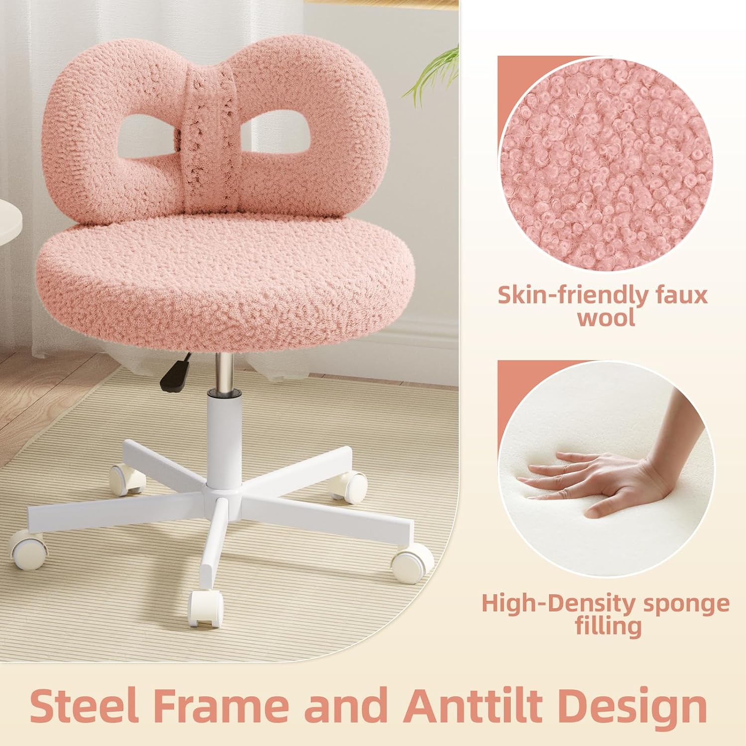 ROOMTEC Vanity Chair with Wheels, Swivel Makeup Chair, Height Adjustable Bedroom Chair with Upholstered and Cute Bow Backrestst (White Leg, Pink)