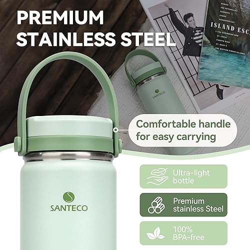 Miniatura 4 de SANTECO Botella de agua de acero inoxidable de 13 onzas con asa, doble pared aislada, botella de agua con personalidad elegante, boca ancha, diseño