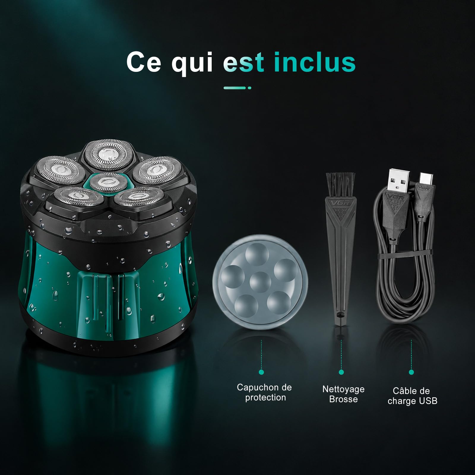 VGR 373 Rasoir Tete Chauve Homme Flottante 6D Étanche IPX5 Avec Écran LED