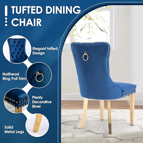 Miniatura 5 de Juego de mesa de comedor moderno de vidrio para 4, mesa de 160 cm de vidrio templado con base dorada estética y 4 sillas de comedor lujosas azules y