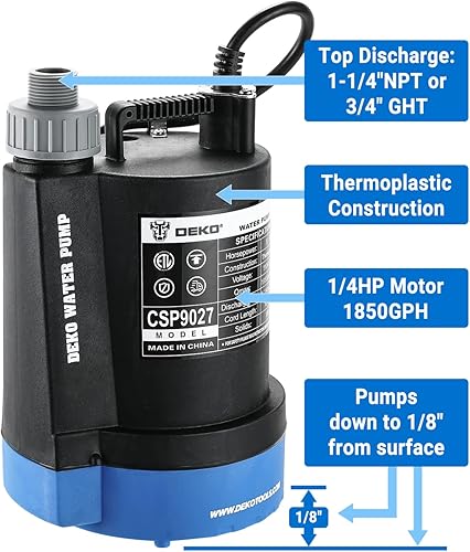 Miniatura 3 de DEKOPRO Bomba de agua sumergible 14 HP 1850GPH Bomba de agua termoplástica eléctrica portátil de transferencia para piscina, tina, jardín, drenaje