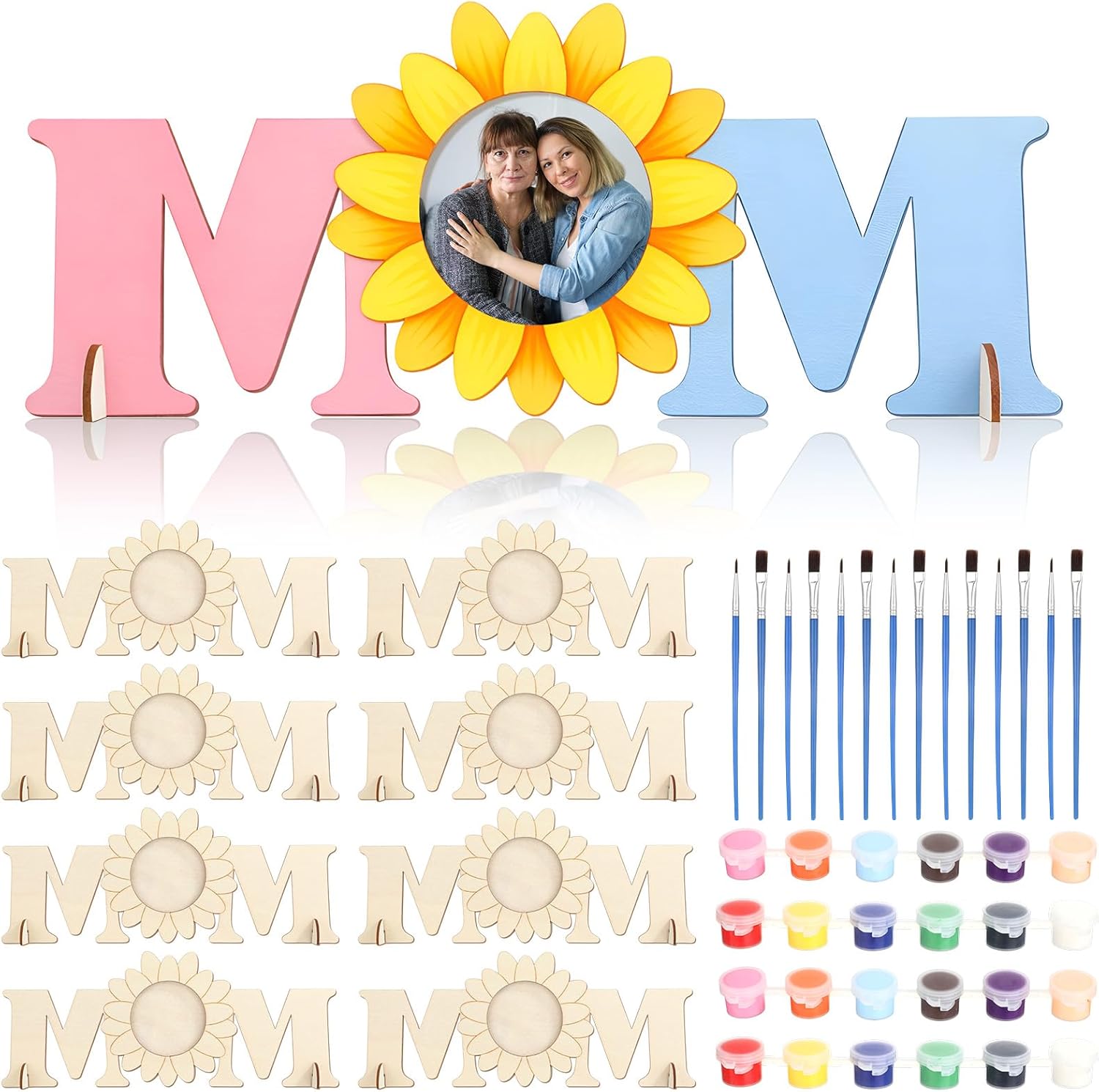 Jetec 18 Pcs Mother's Day Crafts Kits Mother's Day Wooden Picture Frames With18 Paints DIY Coloring Wooden Flowers Frames Set for Fun Activities Spring Crafts