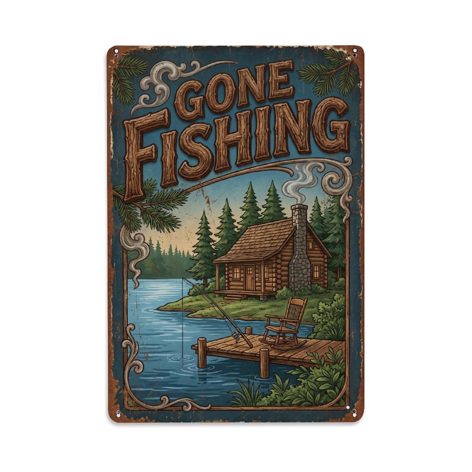Gone Fishing Lakeside Cabin Vintage Metal Tin Sign Plaque Wall Decor for Cafe, Club, Garden Metal Poster 8x12Inch