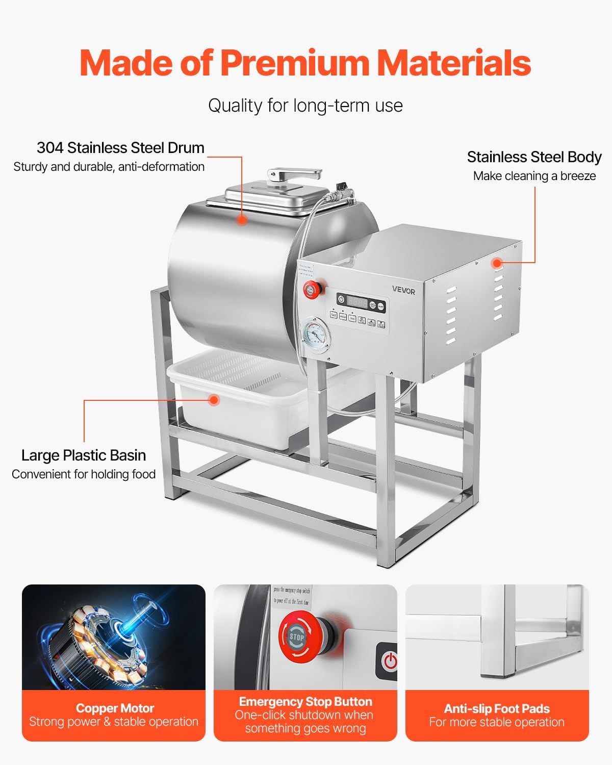 vevor commercial meat tumbler marinator, 40l vacuum tumbler marinating machine with bidirectional rotation and 3-speed, stainless steel vacuum curing machine for chicken pork fish, steak house 40l silver