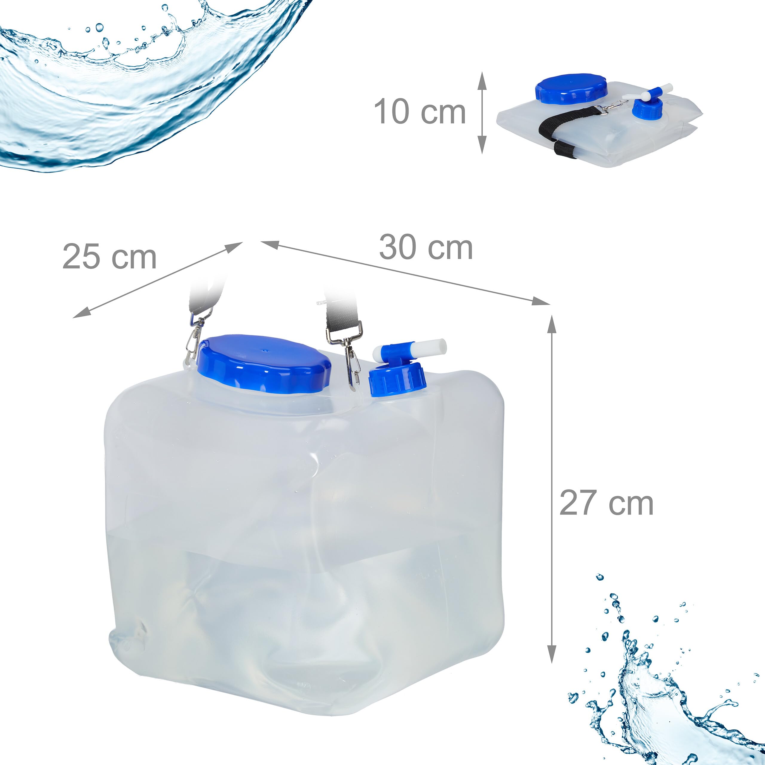 relaxdays Tanica Pieghevole, Set 2X Contenitore Acqua Potabile, Coperchio & Rubinetto,Tracolla,15L,Senza BPA,Trasparente