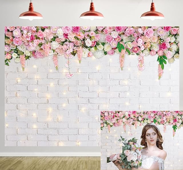 Flower Wall Backdrop Glitter White Brick Wall Flowers Photography Background Valentine Mother's Day Wedding Bridal Baby Shower Birthday Party Spring Theme Decor Photo Booth Prop 7x5FT