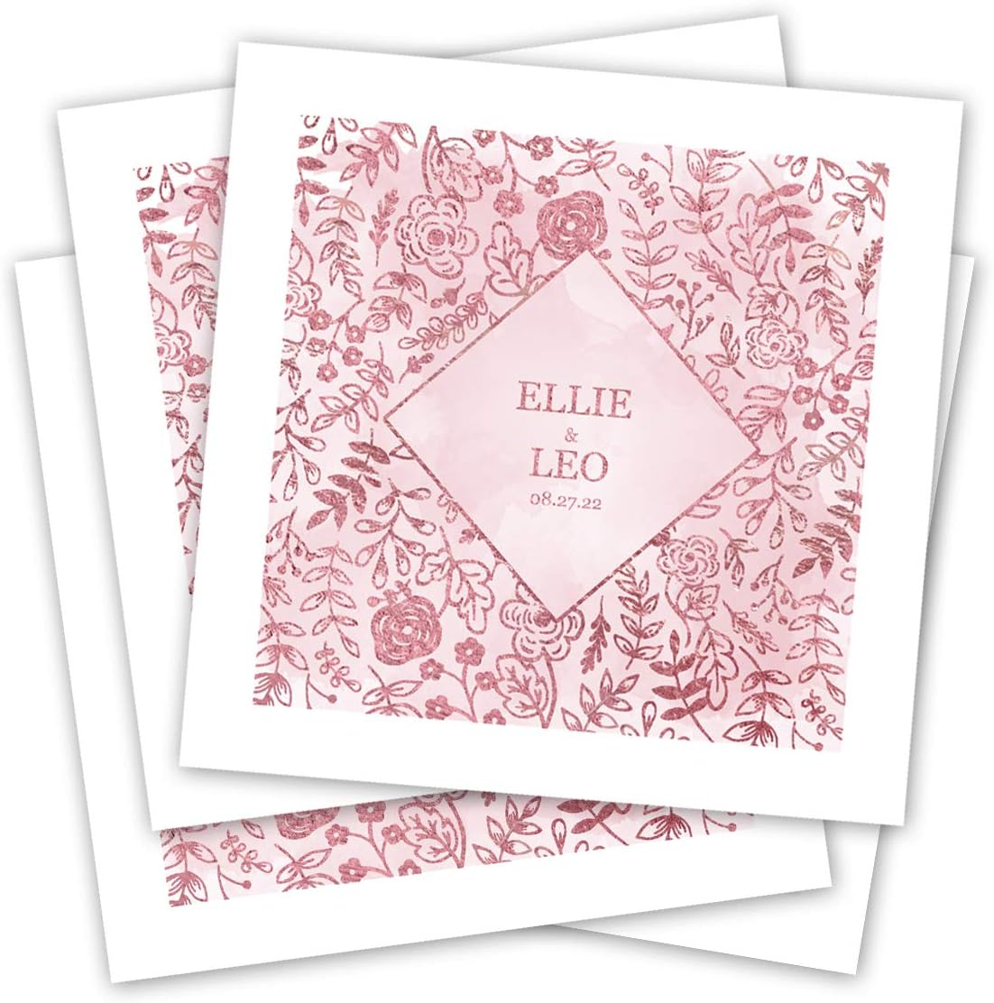 Shining Pink Floral Personalized Dinner Napkins / 100 White 3 Ply Paper Uncoined Luncheon Napkins With Pink Foil/Folded 6 1/2" x 6 1/2" Napkins/Made In The USA