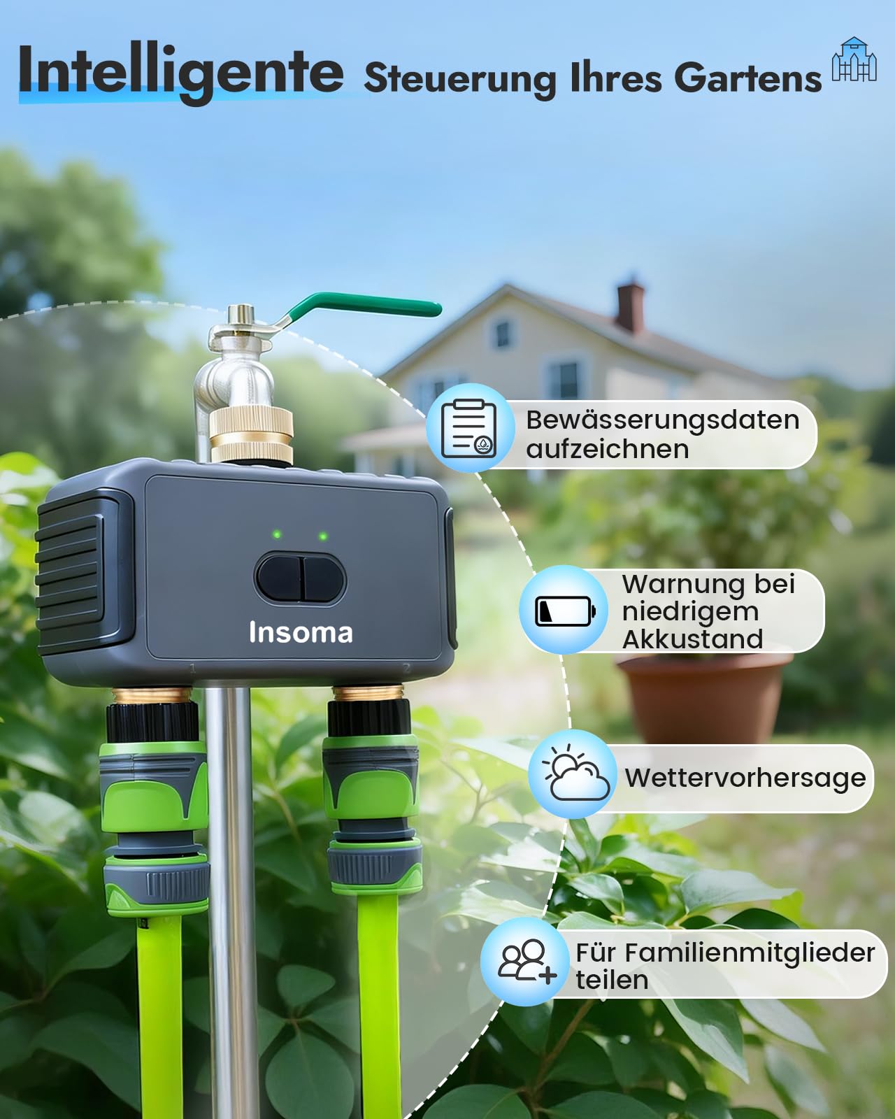 WLAN Bewässerungscomputer 2-Zonen, Messing EIN/Auslass, App/Sprachsteuerung | Kein Gateway nötig, 2,4 GHz WLAN, 20 individuelle Bewässerungspläne, einfache Einrichtung per App, ideal für Garten & Rasen