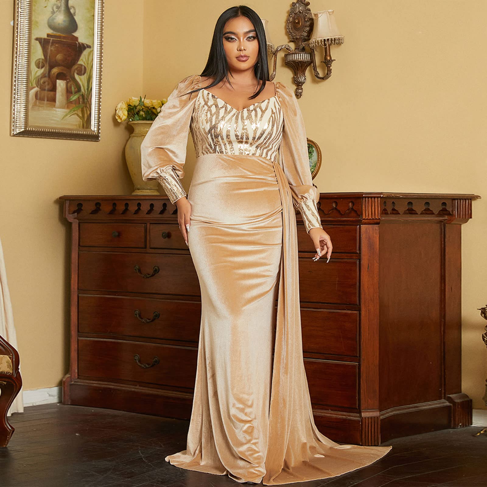 EliteBloom Evening Dress Womens Plus Size Velvet Wrap Maxi Dresses Long Sleeves Elegant Party Wedding Guest Cocktail Gowns,Gold-4XL(83-93.5KG) : Clothing, Shoes & Jewelry