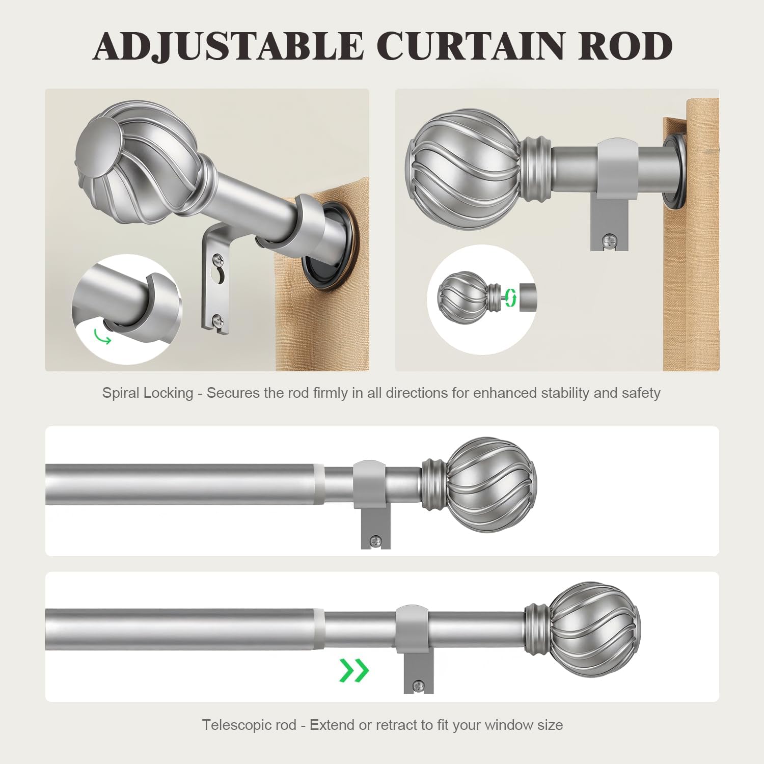 Oneach Silver Curtain Rods for Windows 28 to 48 Inch, 7/8" Adjustable Heavy Duty Decorative Drapery Rods with Round Netted Texture Finials (Pack of 1, 18 to 60 Inch)