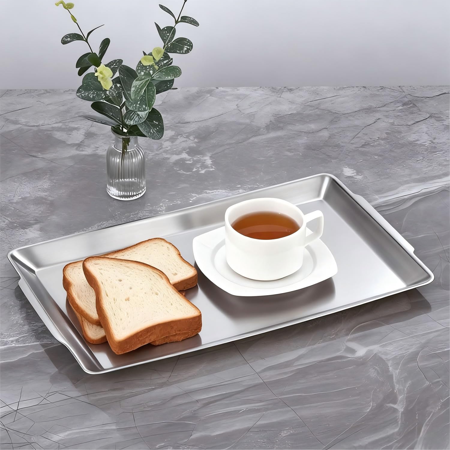 40x24cm große Servierplatten, 2er Set,robuste große Serviertabletts aus Edelstahl, Silber rechteckige Tablett für Essen, Obst, Party, Hochzeit, Weihnachten