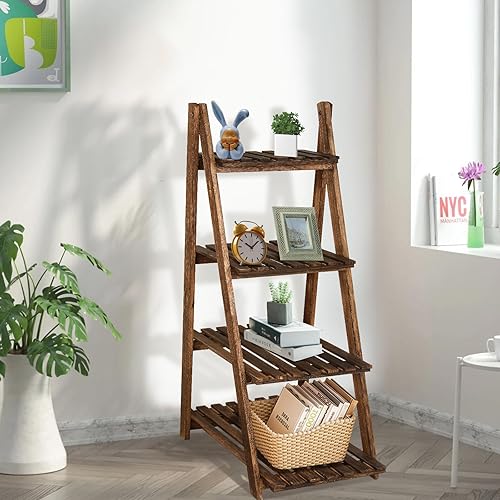 Miniatura 2 de Babion Estante de escalera, estante de escalera de 4 niveles, estante de madera para plantas, estantería de escalera, estante de almacenamiento para