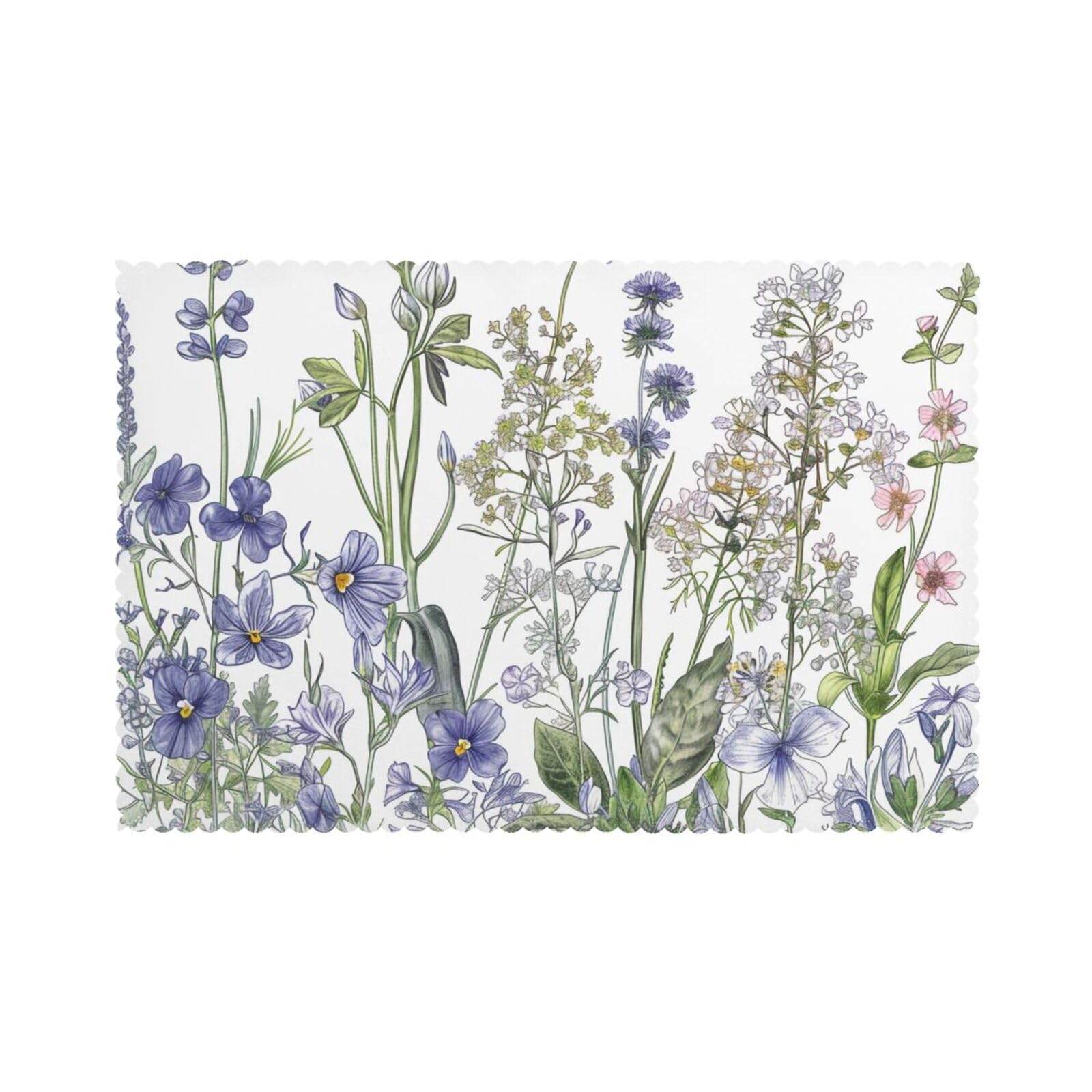 Flowering Herbs and Herbaceous Plants Printed Placemat Heat Resistant Place Mats Set of 6 PCS Washable Kitchen Table Mats, 12x18 Inch