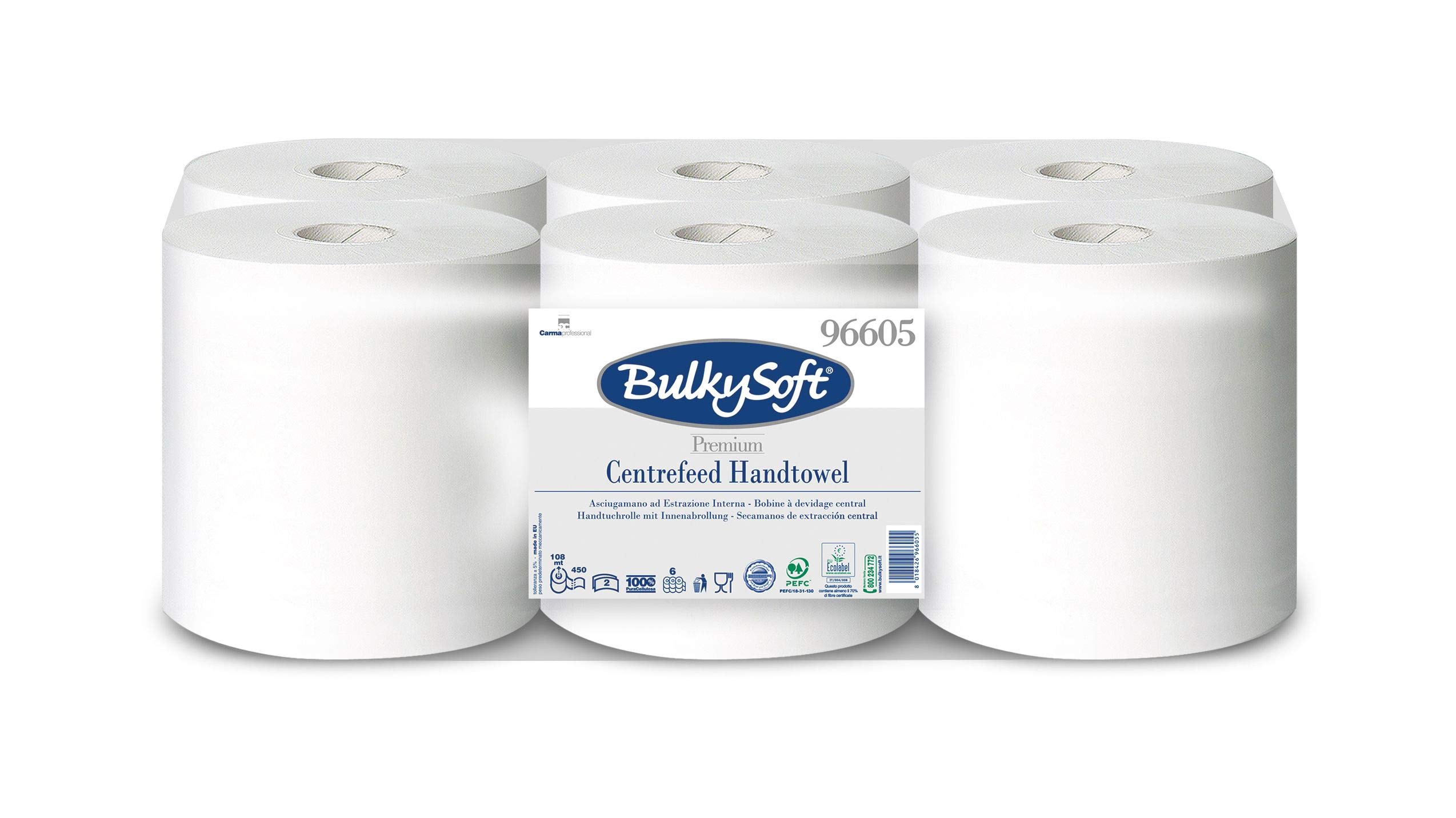 Bulkysoft Lot 6 Bobines Esuie-mains Dévidage Central 2 Plis - 450 formats ÉCOLABEL
