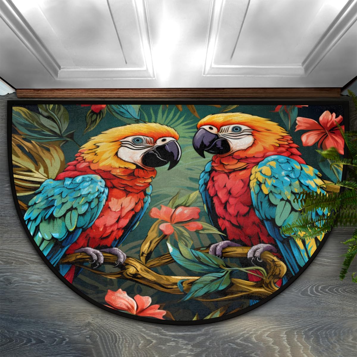 TropicalLife Colorful Parrot Tropical Bird Half Round Door Mat Indoor Outdoor Doormat Washable Welcome Entrance Way Front Half Circle Rugs for