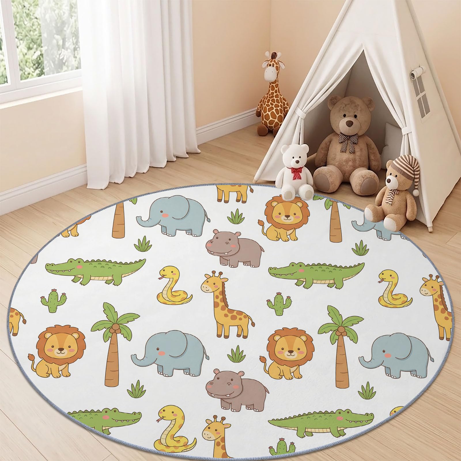 Alfombra redonda de 245 cm, lavable, para cuarto de bebé, antideslizante, diseño de animales del bosque, suave, de pelo bajo, minimalista, juguetón, elefante y león, para decoración del hogar, color