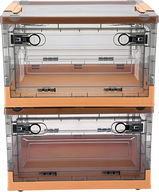 IGNPION Set of 2 Stackable Collapsible Craft Storage Box Plastic Storage Containers with Carry Handle Transparent Champing Organiser Box for Art & Craft, Toys, Sewing Accessories,Clothes, Orange