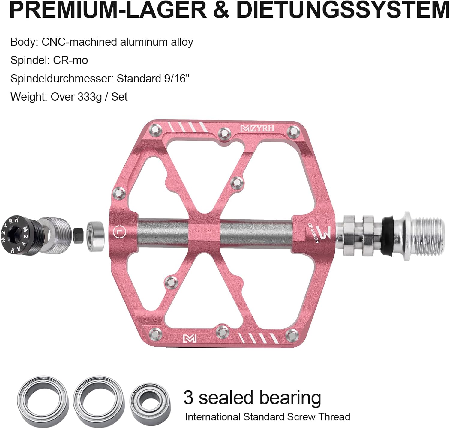 MZYRH 3 Bearings Mountain Bike Platform Pedals - Flat Alloy 9/16" Non-Slip Bicycle Pedals