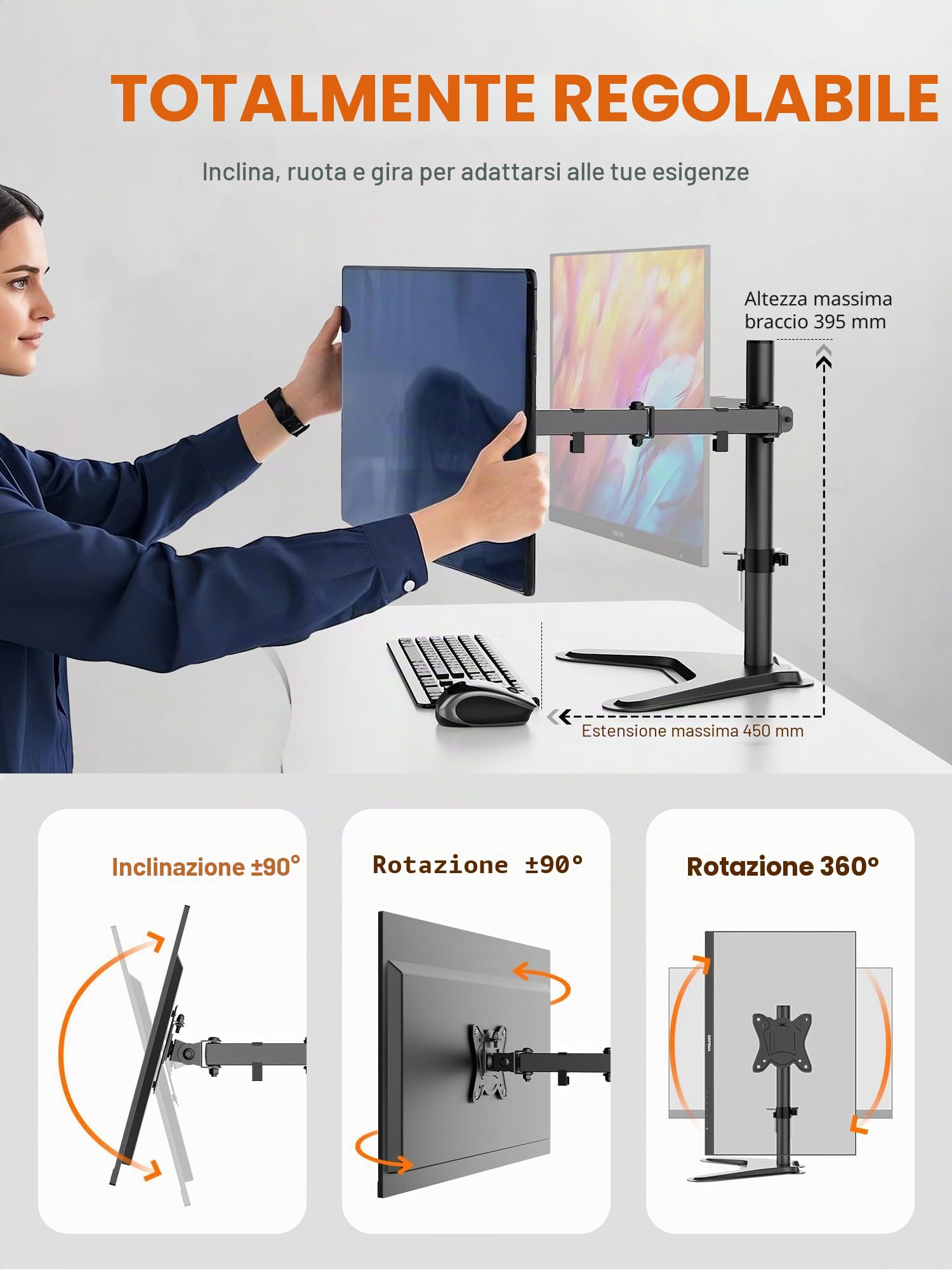 GRIFEMA Braccio Monitor Doppio per Schermi 13-32'', Supporto Doppio Monitor Altezza Regolabile, Base Allargata, Inclinazione, Girevole, Rotazione, Gestione dei Cavi, Fino a 10 kg, VESA 75/100mm