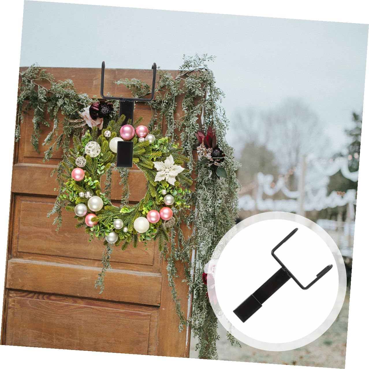 FRCOLOR The Door Wreath Hanger Hook Set 4pcs Black Wrought Iron Double Hooks for Christmas Garland Exterior Door Wreath Holder Holiday Decorations