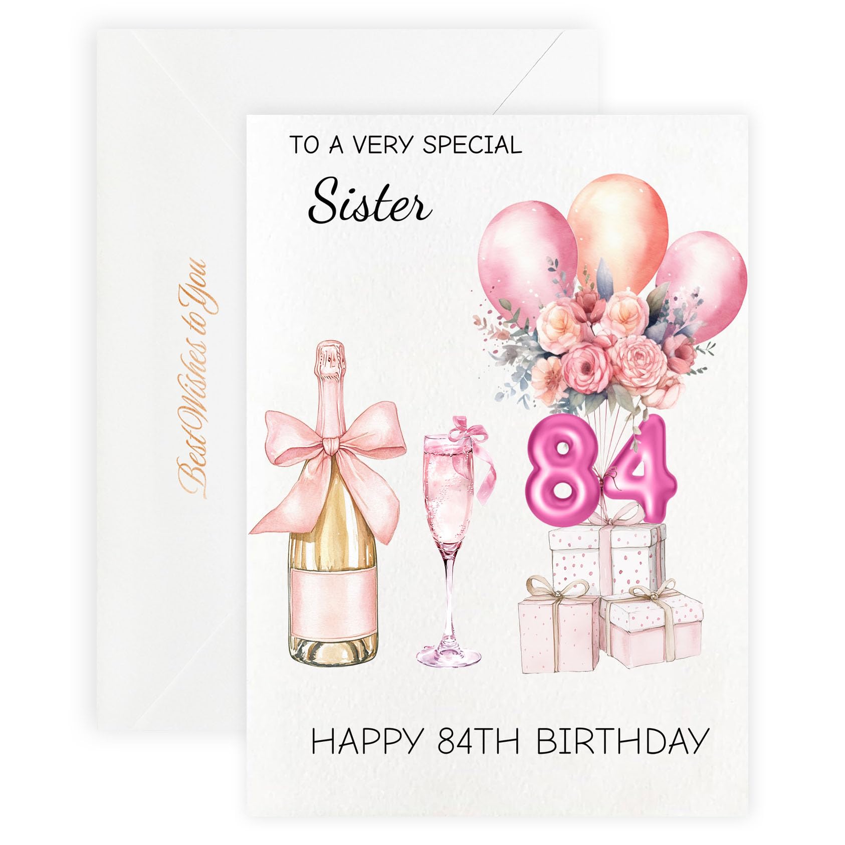MAGJUCHE 84th Birthday Cards for Sister, Pink Happy Birthday Cards, with Envelope and Wax Seal, 5x7 inch